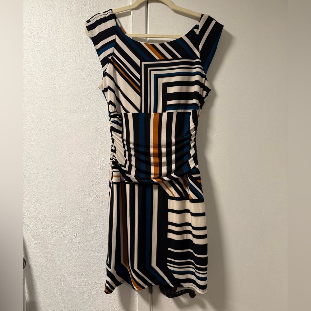 Bisou Bisou Striped Midi Sheath Dress in Black, White & Blue with Tan Accents